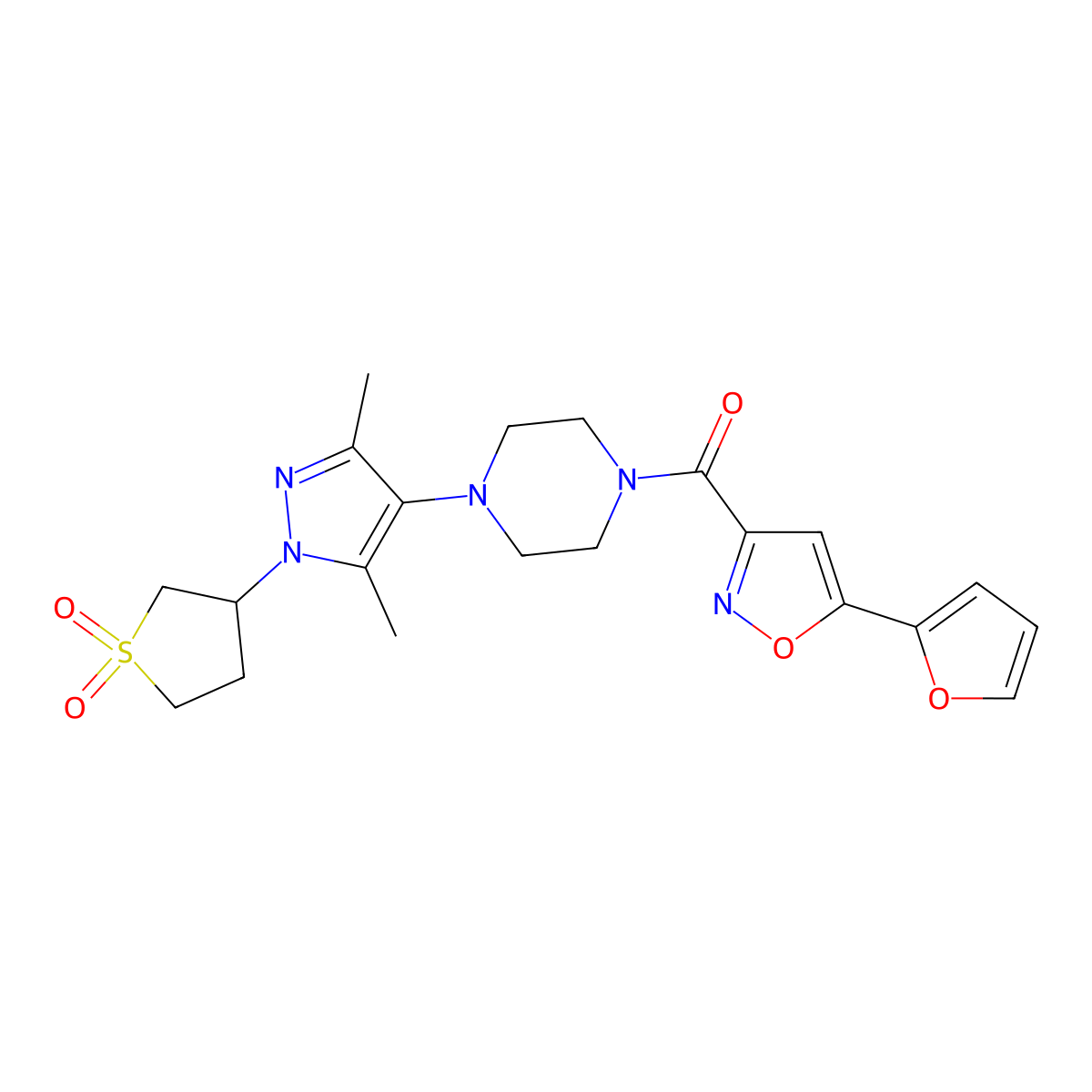 (4-(1-(1,1-dioxidotetrahydrothiophen-3-yl)-3,5-dimethyl-1H-pyrazol-4-yl)piperazin-1-yl)(5-(furan-2-yl)isoxazol-3-yl)methanone molecular structure, CAS 1351659-54-5