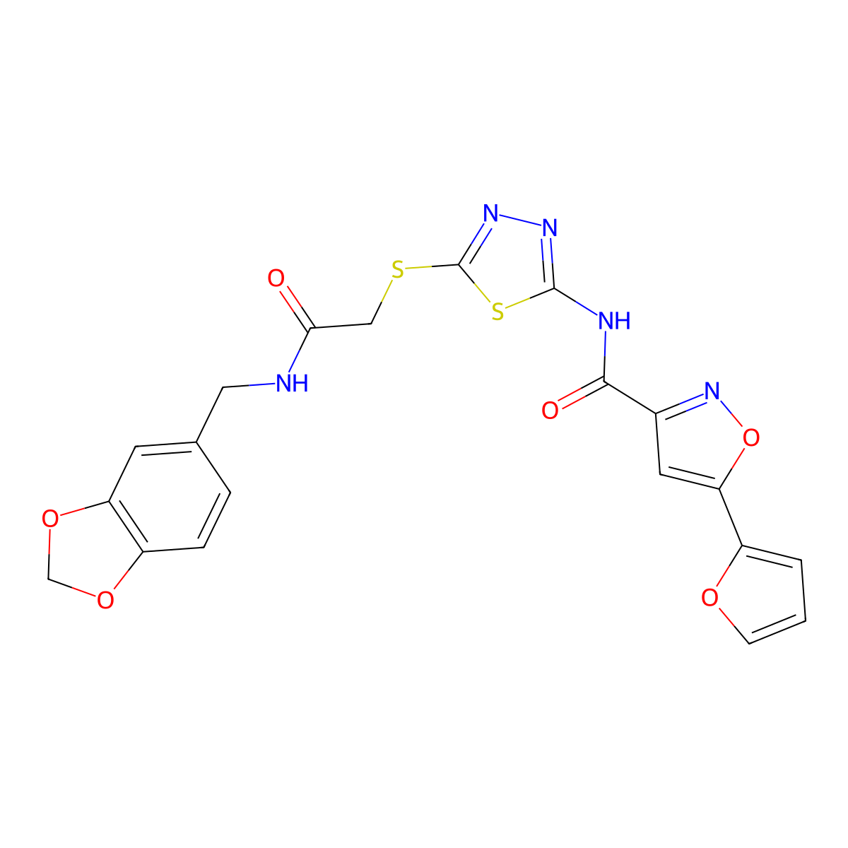N-(5-((2-((benzo[d][1,3]dioxol-5-ylmethyl)amino)-2-oxoethyl)thio)-1,3,4-thiadiazol-2-yl)-5-(furan-2-yl)isoxazole-3-carboxamide molecular structure, CAS 1351659-59-0
