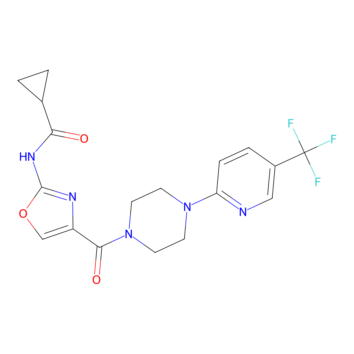 N-(4-(4-(5-(trifluoromethyl)pyridin-2-yl)piperazine-1-carbonyl)oxazol-2-yl)cyclopropanecarboxamide molecular structure, CAS 1351659-60-3