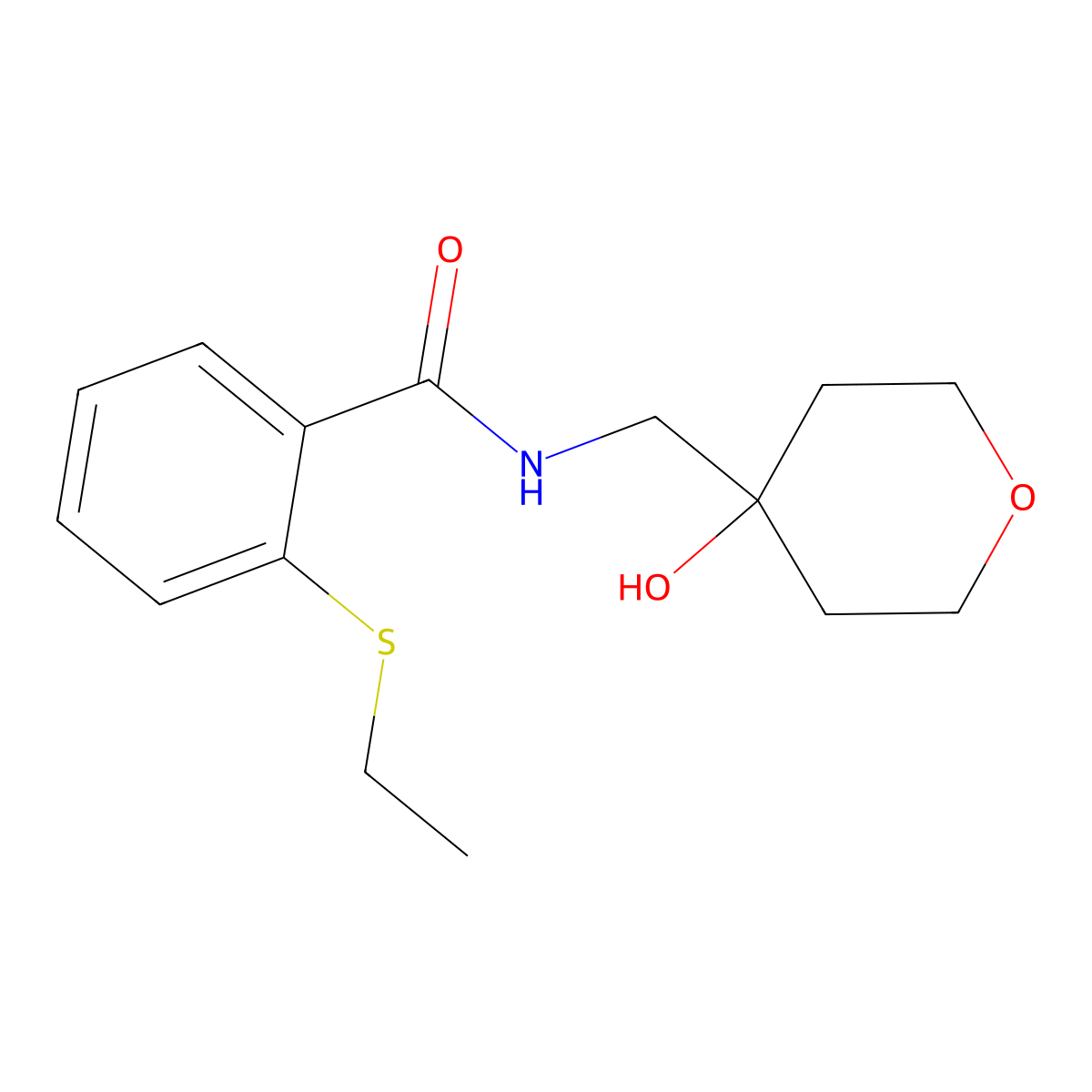 2-(ethylthio)-N-((4-hydroxytetrahydro-2H-pyran-4-yl)methyl)benzamide molecular structure, CAS 1351659-66-9