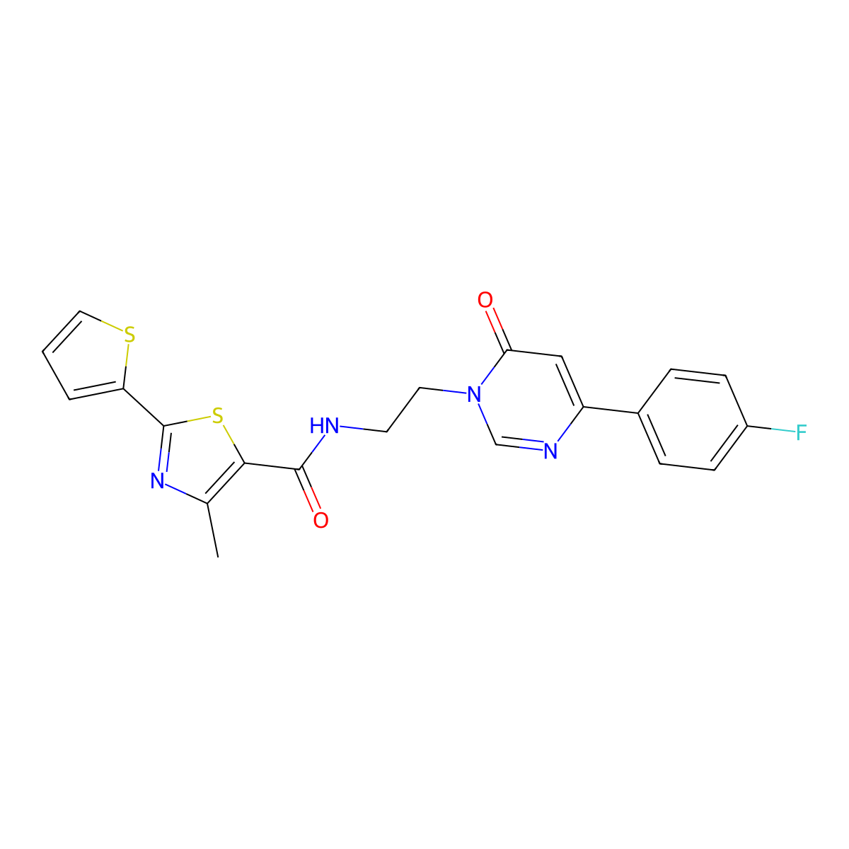 N-(2-(4-(4-fluorophenyl)-6-oxopyrimidin-1(6H)-yl)ethyl)-4-methyl-2-(thiophen-2-yl)thiazole-5-carboxamide molecular structure, CAS 1351659-95-4