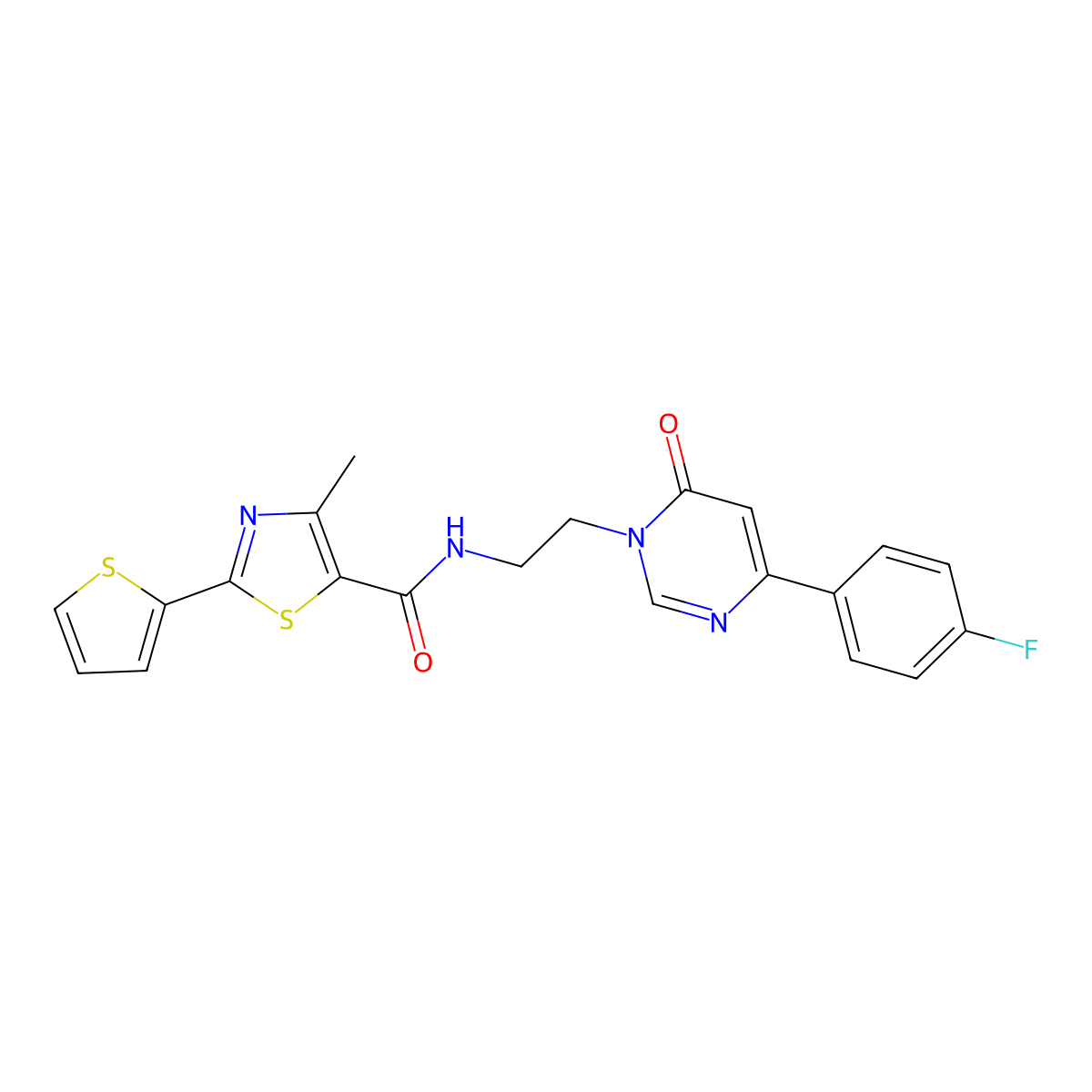 N-(2-(4-(4-fluorophenyl)-6-oxopyrimidin-1(6H)-yl)ethyl)-4-methyl-2-(thiophen-2-yl)thiazole-5-carboxamide molecular structure, CAS 1351659-95-4