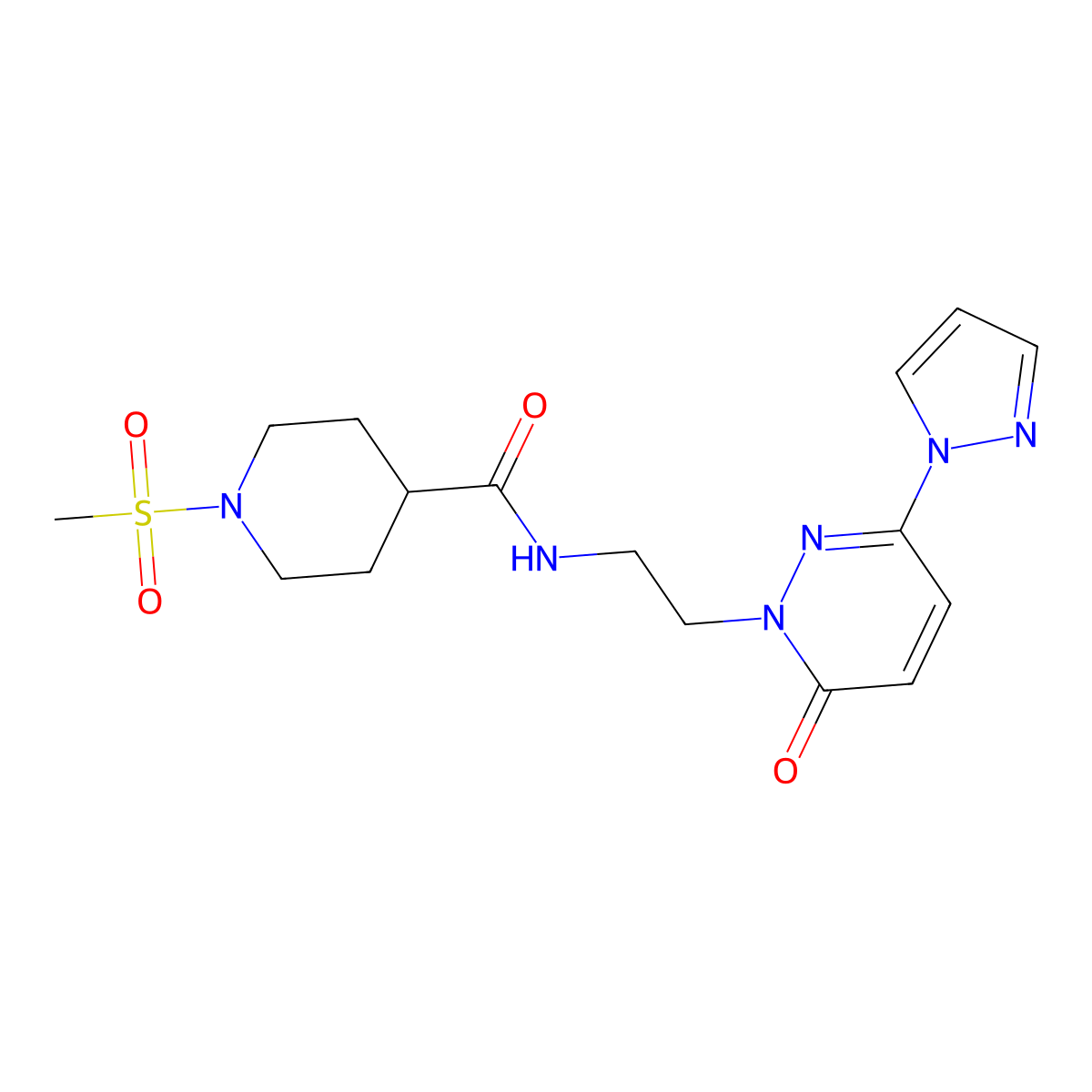 1-(methylsulfonyl)-N-(2-(6-oxo-3-(1H-pyrazol-1-yl)pyridazin-1(6H)-yl)ethyl)piperidine-4-carboxamide molecular structure, CAS 1351660-00-8