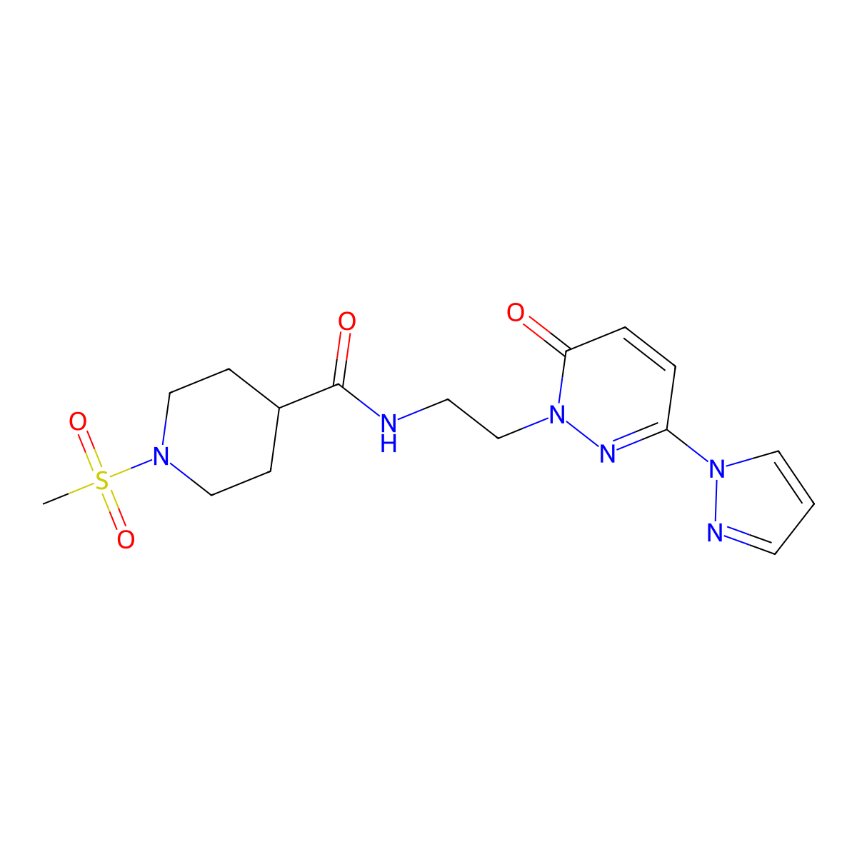 1-(methylsulfonyl)-N-(2-(6-oxo-3-(1H-pyrazol-1-yl)pyridazin-1(6H)-yl)ethyl)piperidine-4-carboxamide molecular structure, CAS 1351660-00-8