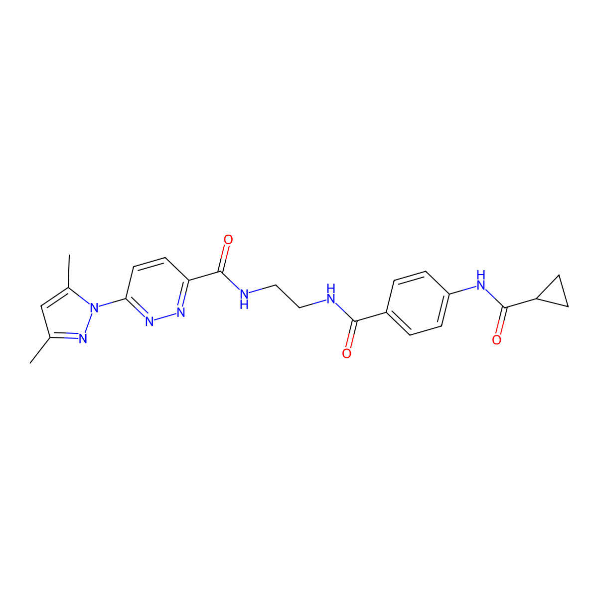 N-(2-(4-(cyclopropanecarboxamido)benzamido)ethyl)-6-(3,5-dimethyl-1H-pyrazol-1-yl)pyridazine-3-carboxamide molecular structure, CAS 1351660-14-4