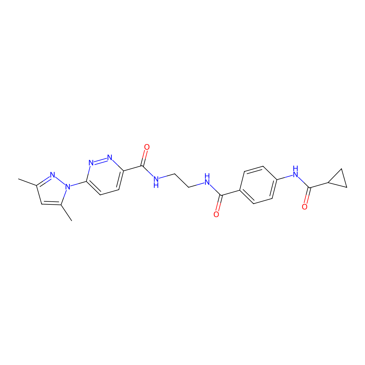 N-(2-(4-(cyclopropanecarboxamido)benzamido)ethyl)-6-(3,5-dimethyl-1H-pyrazol-1-yl)pyridazine-3-carboxamide molecular structure, CAS 1351660-14-4
