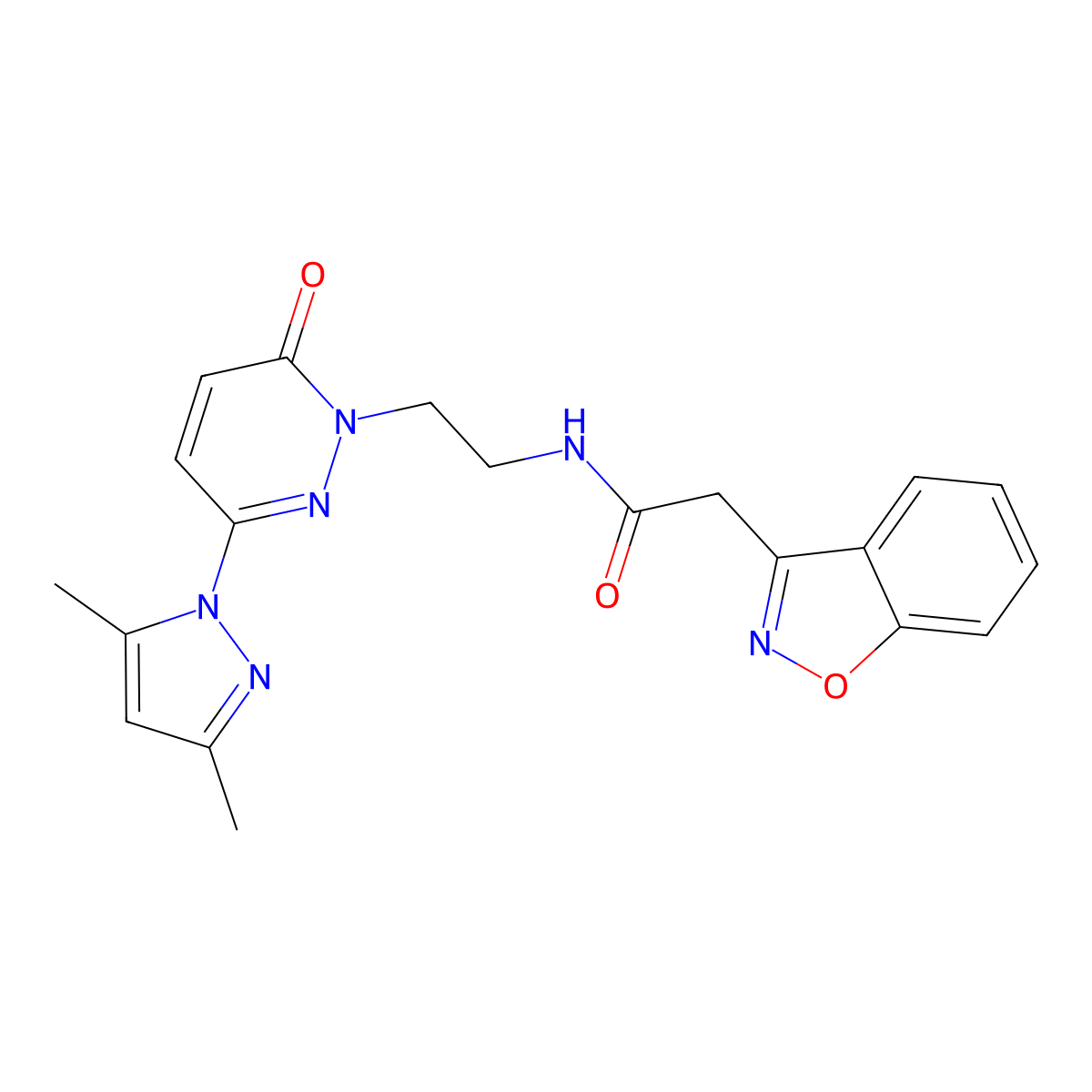 2-(benzo[d]isoxazol-3-yl)-N-(2-(3-(3,5-dimethyl-1H-pyrazol-1-yl)-6-oxopyridazin-1(6H)-yl)ethyl)acetamide molecular structure, CAS 1351660-28-0