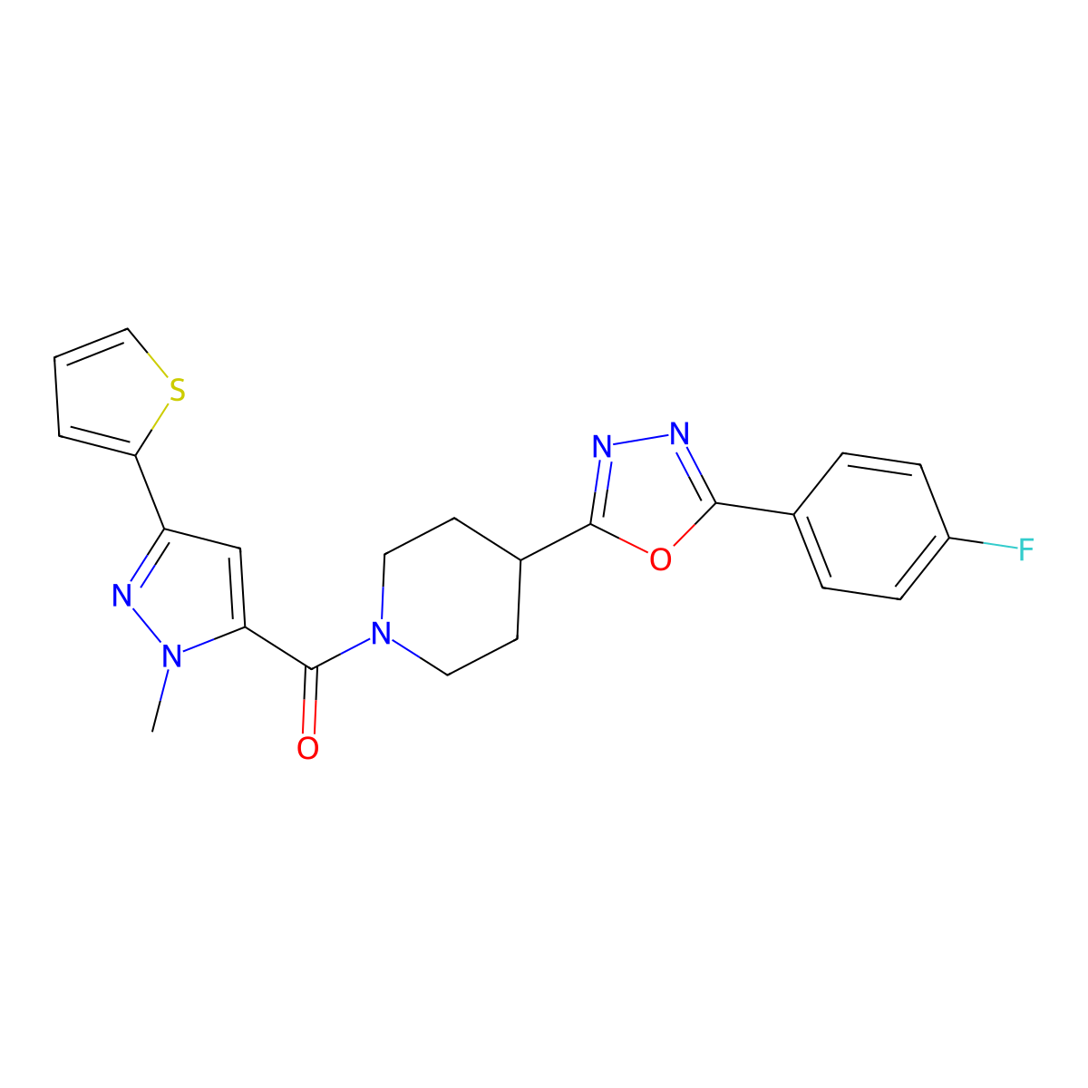 (4-(5-(4-fluorophenyl)-1,3,4-oxadiazol-2-yl)piperidin-1-yl)(1-methyl-3-(thiophen-2-yl)-1H-pyrazol-5-yl)methanone molecular structure, CAS 1351660-32-6