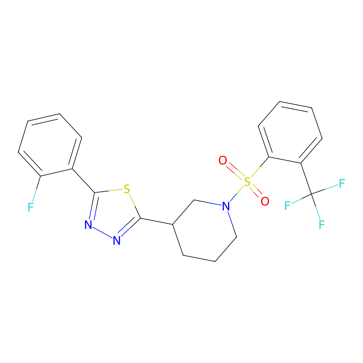 2-(2-Fluorophenyl)-5-(1-((2-(trifluoromethyl)phenyl)sulfonyl)piperidin-3-yl)-1,3,4-thiadiazole molecular structure, CAS 1351660-35-9