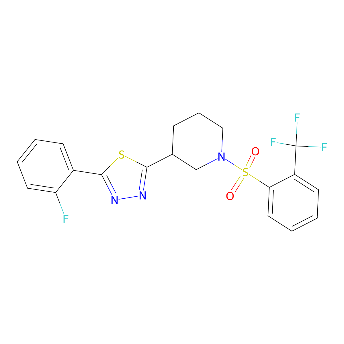 2-(2-Fluorophenyl)-5-(1-((2-(trifluoromethyl)phenyl)sulfonyl)piperidin-3-yl)-1,3,4-thiadiazole molecular structure, CAS 1351660-35-9