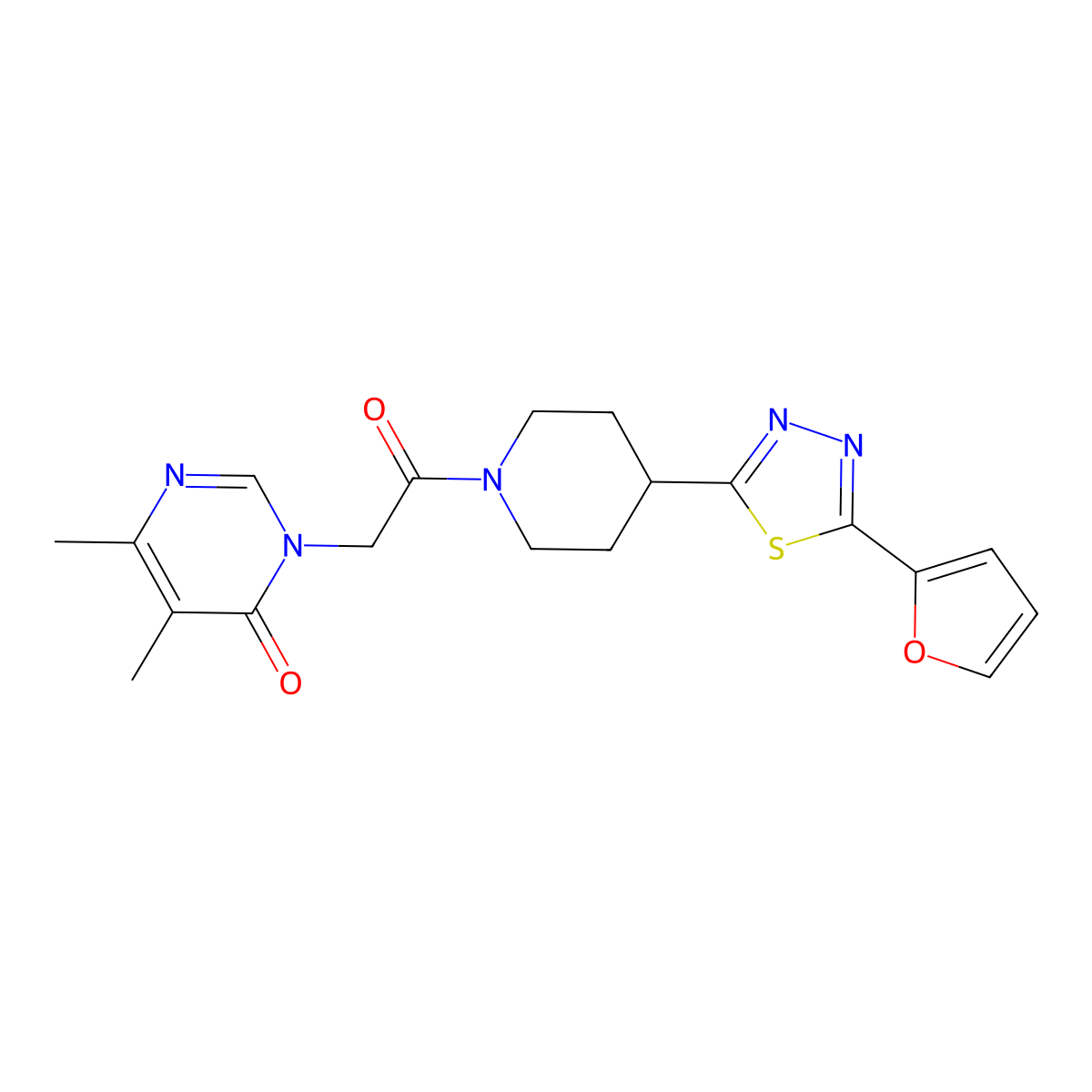 3-(2-(4-(5-(furan-2-yl)-1,3,4-thiadiazol-2-yl)piperidin-1-yl)-2-oxoethyl)-5,6-dimethylpyrimidin-4(3H)-one molecular structure, CAS 1351660-54-2