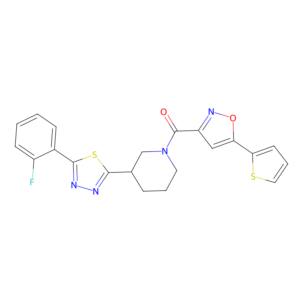 (3-(5-(2-Fluorophenyl)-1,3,4-thiadiazol-2-yl)piperidin-1-yl)(5-(thiophen-2-yl)isoxazol-3-yl)methanone molecular structure, CAS 1351660-57-5