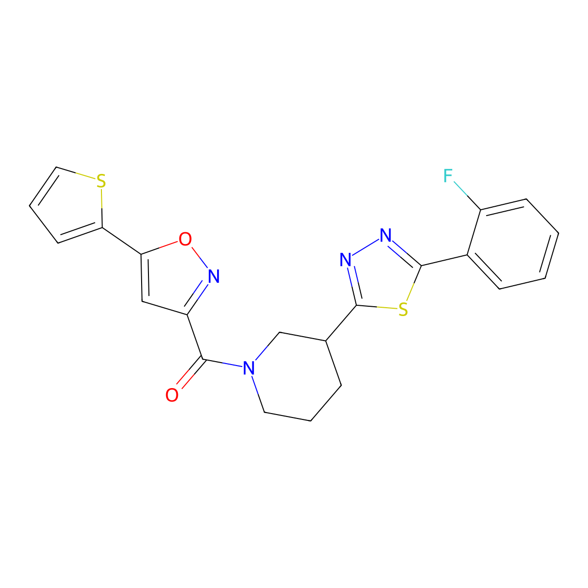 (3-(5-(2-Fluorophenyl)-1,3,4-thiadiazol-2-yl)piperidin-1-yl)(5-(thiophen-2-yl)isoxazol-3-yl)methanone molecular structure, CAS 1351660-57-5
