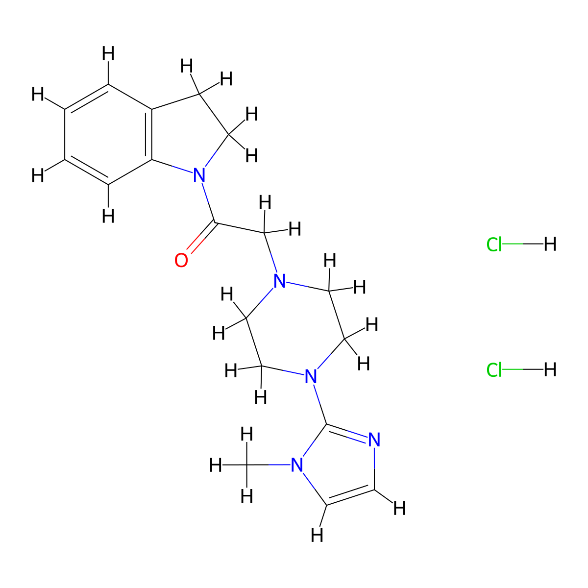 1-(indolin-1-yl)-2-(4-(1-methyl-1H-imidazol-2-yl)piperazin-1-yl)ethanone dihydrochloride molecular structure, CAS 1351660-59-7