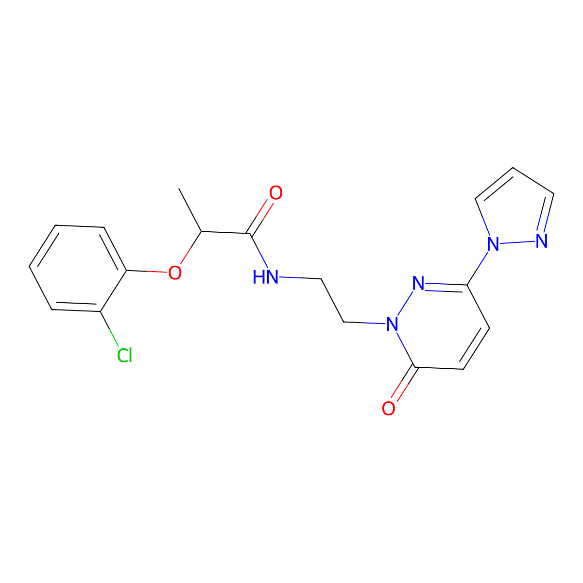 2-(2-chlorophenoxy)-N-(2-(6-oxo-3-(1H-pyrazol-1-yl)pyridazin-1(6H)-yl)ethyl)propanamide molecular structure, CAS 1351660-72-4