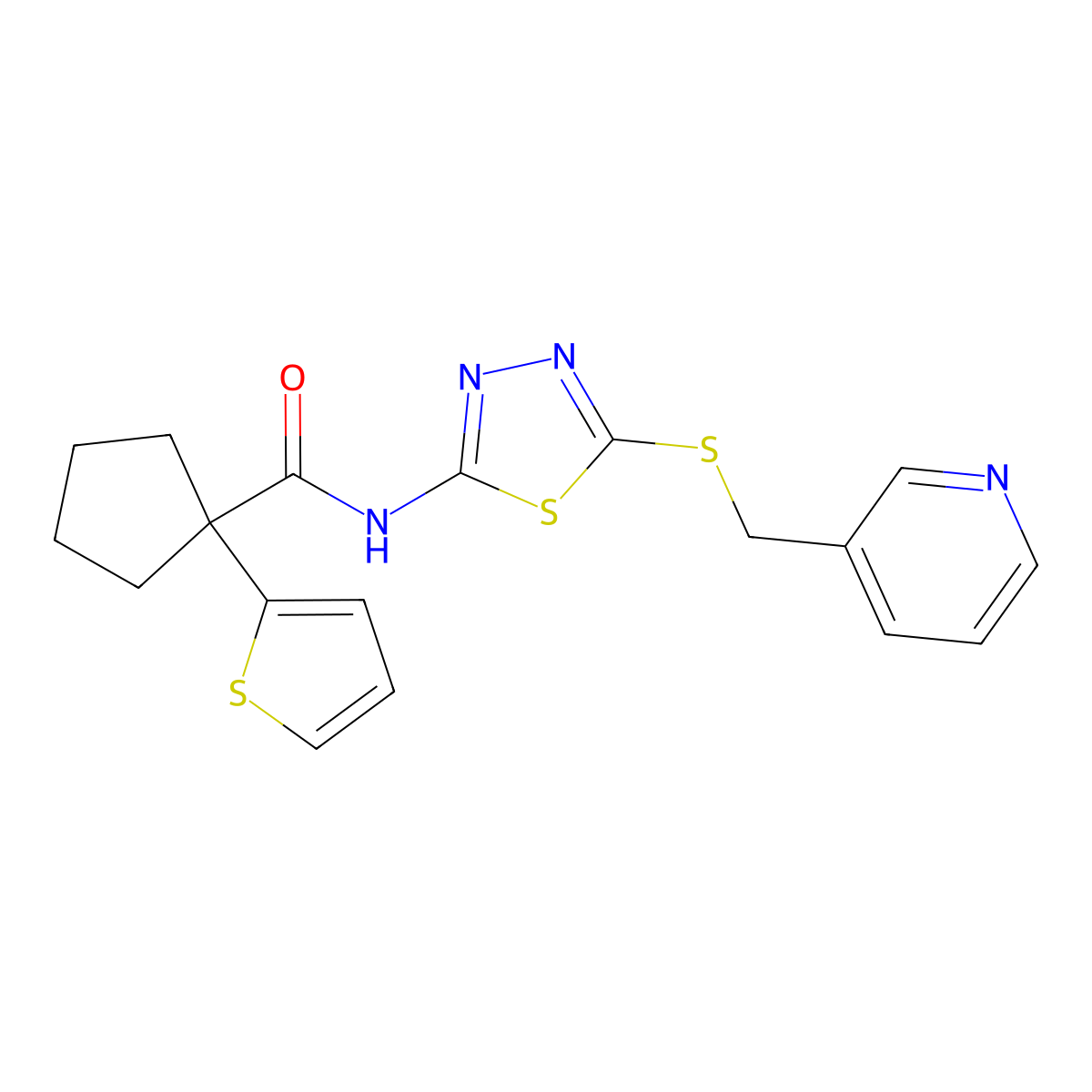 N-(5-((pyridin-3-ylmethyl)thio)-1,3,4-thiadiazol-2-yl)-1-(thiophen-2-yl)cyclopentanecarboxamide molecular structure, CAS 1351660-73-5