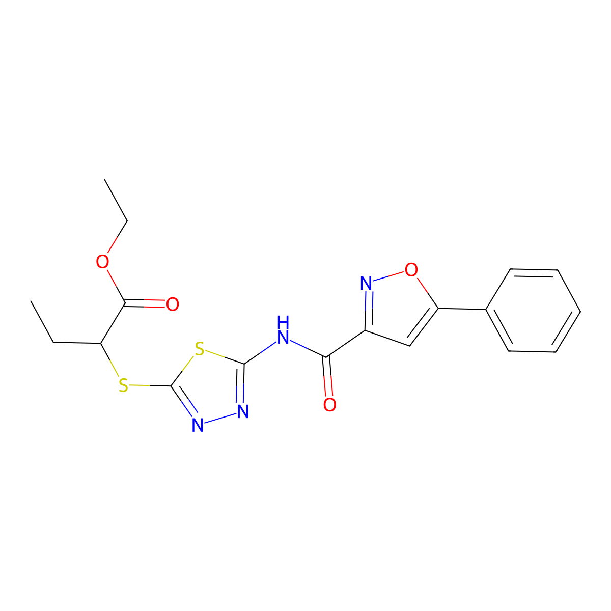 Ethyl 2-((5-(5-phenylisoxazole-3-carboxamido)-1,3,4-thiadiazol-2-yl)thio)butanoate molecular structure, CAS 1351660-75-7