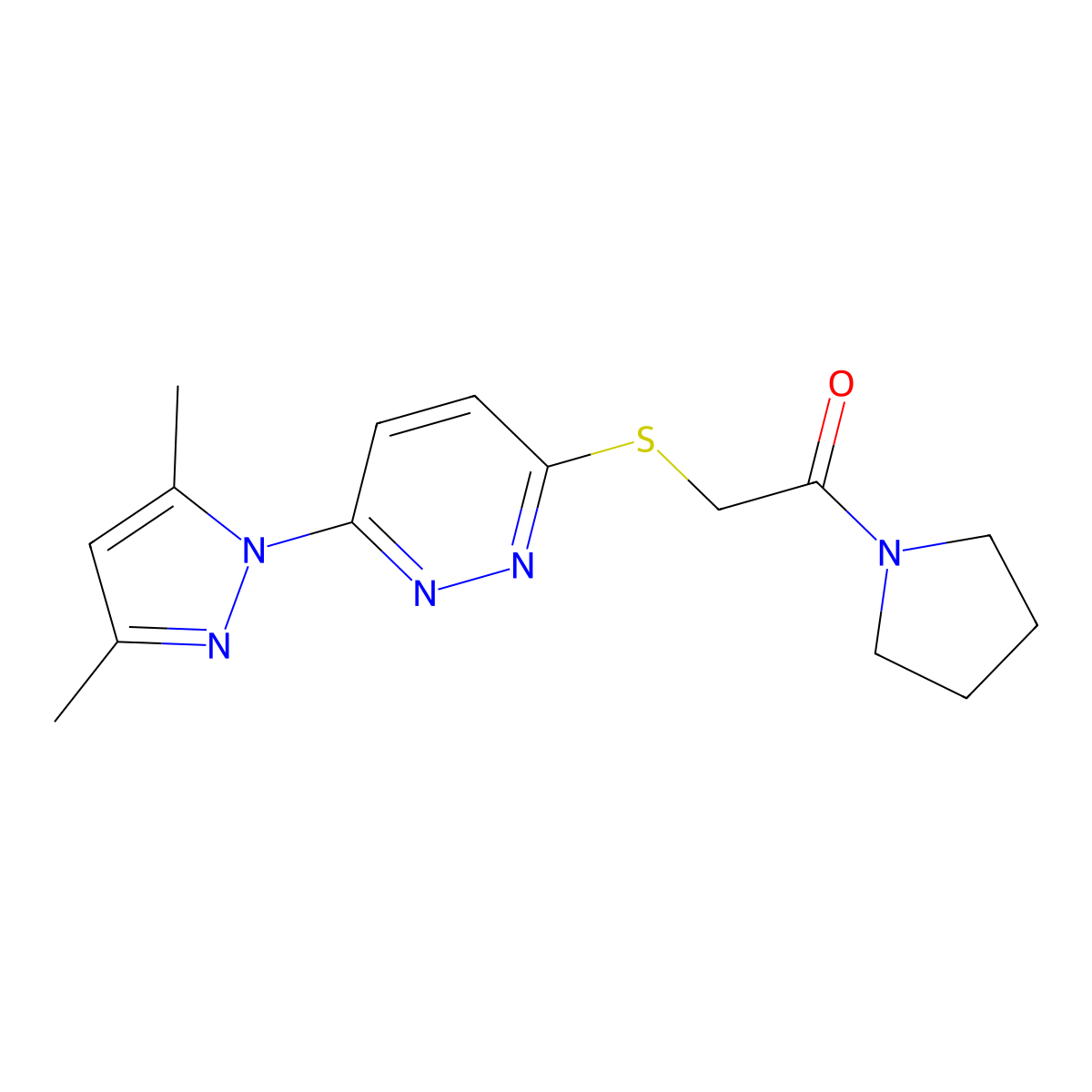 2-((6-(3,5-dimethyl-1H-pyrazol-1-yl)pyridazin-3-yl)thio)-1-(pyrrolidin-1-yl)ethanone molecular structure, CAS 1351660-85-9