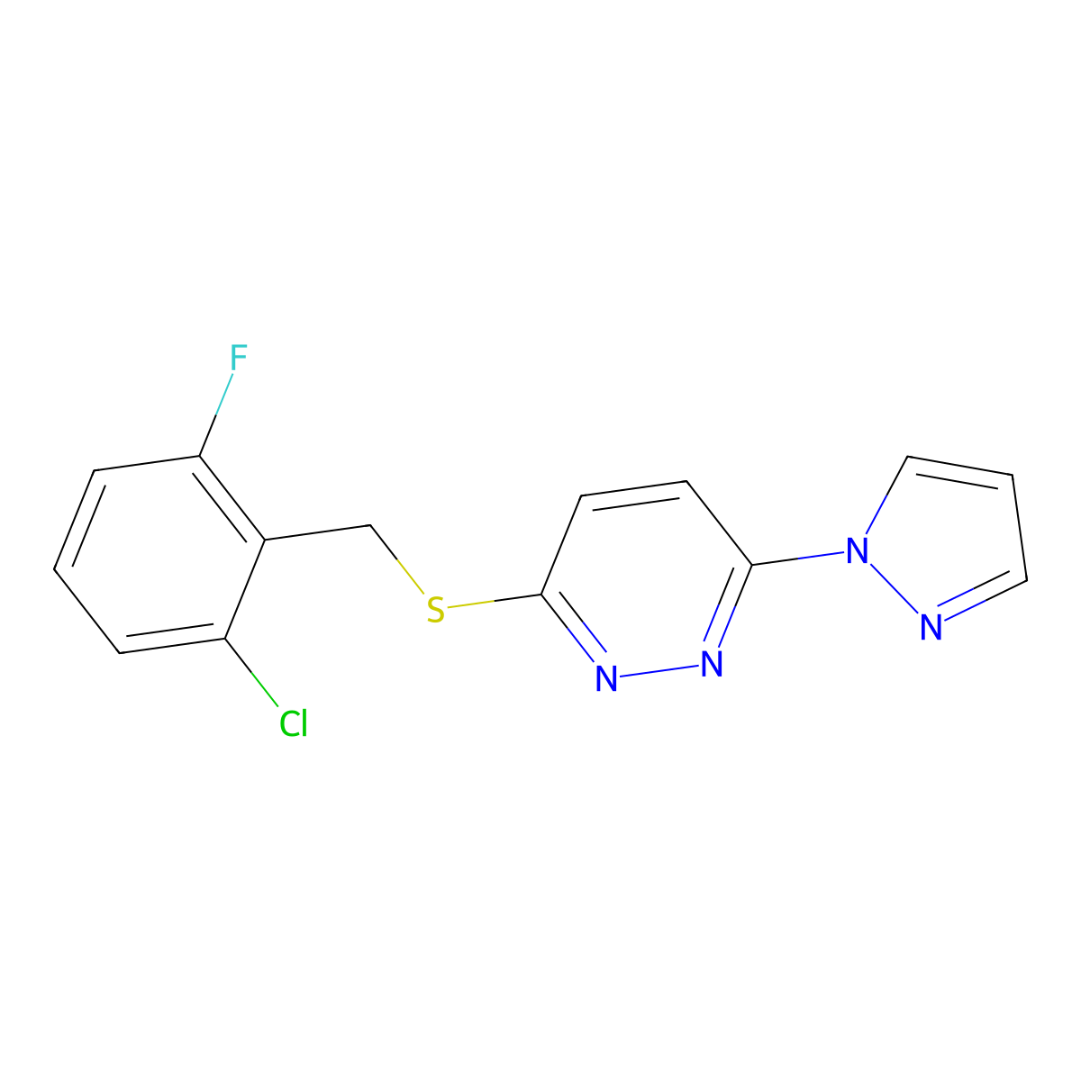 3-((2-chloro-6-fluorobenzyl)thio)-6-(1H-pyrazol-1-yl)pyridazine molecular structure, CAS 1351660-88-2
