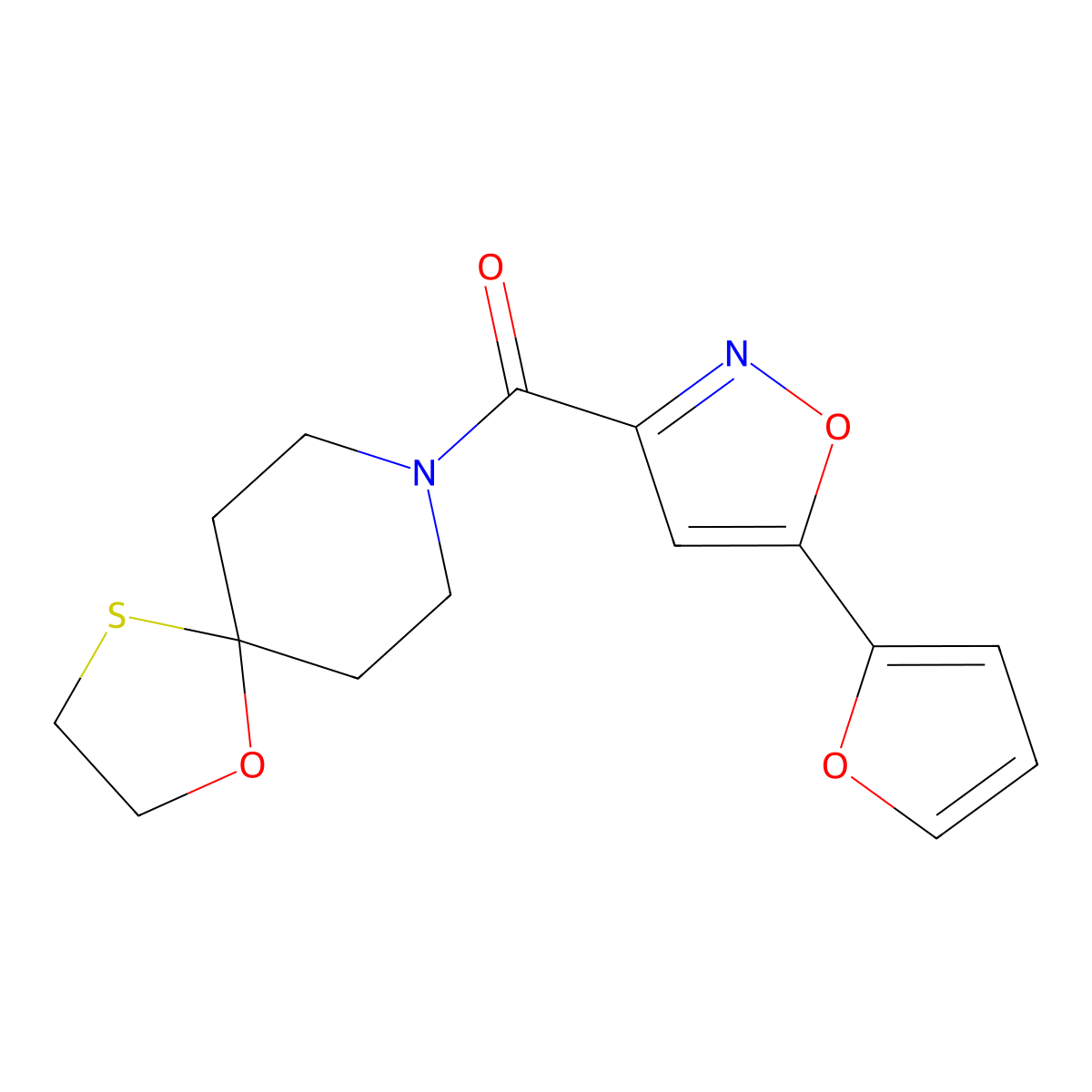 (5-(Furan-2-yl)isoxazol-3-yl)(1-oxa-4-thia-8-azaspiro[4.5]decan-8-yl)methanone molecular structure, CAS 1351660-98-4