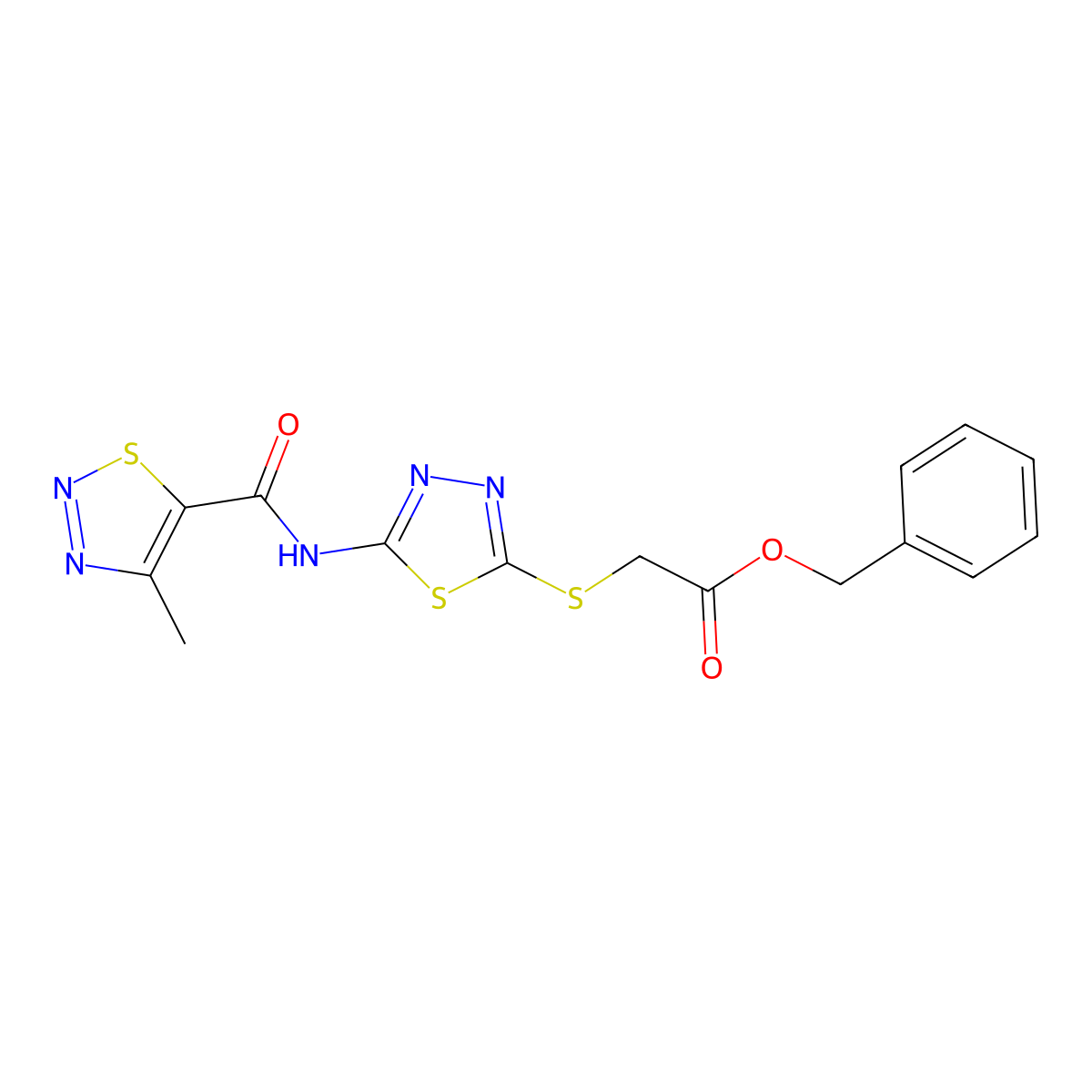 Benzyl 2-((5-(4-methyl-1,2,3-thiadiazole-5-carboxamido)-1,3,4-thiadiazol-2-yl)thio)acetate molecular structure, CAS 1351661-21-6