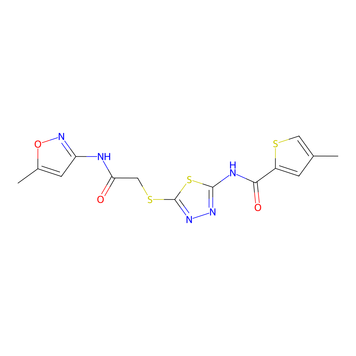 4-methyl-N-(5-((2-((5-methylisoxazol-3-yl)amino)-2-oxoethyl)thio)-1,3,4-thiadiazol-2-yl)thiophene-2-carboxamide molecular structure, CAS 1351661-27-2