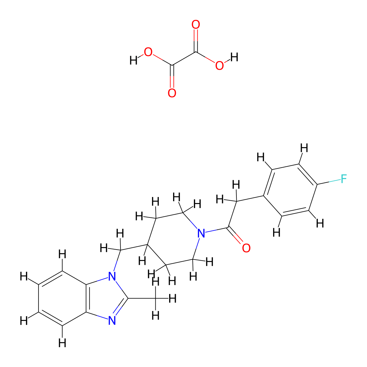 2-(4-fluorophenyl)-1-(4-((2-methyl-1H-benzo[d]imidazol-1-yl)methyl)piperidin-1-yl)ethanone oxalate molecular structure, CAS 1351661-29-4