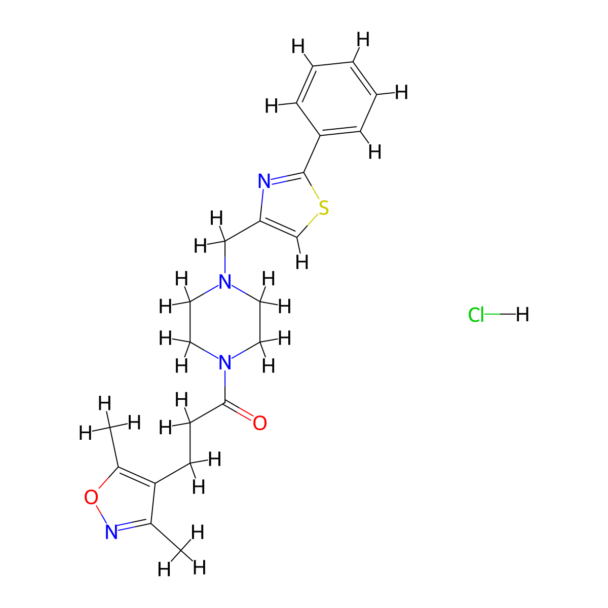 3-(3,5-Dimethylisoxazol-4-yl)-1-(4-((2-phenylthiazol-4-yl)methyl)piperazin-1-yl)propan-1-one hydrochloride molecular structure, CAS 1351661-32-9