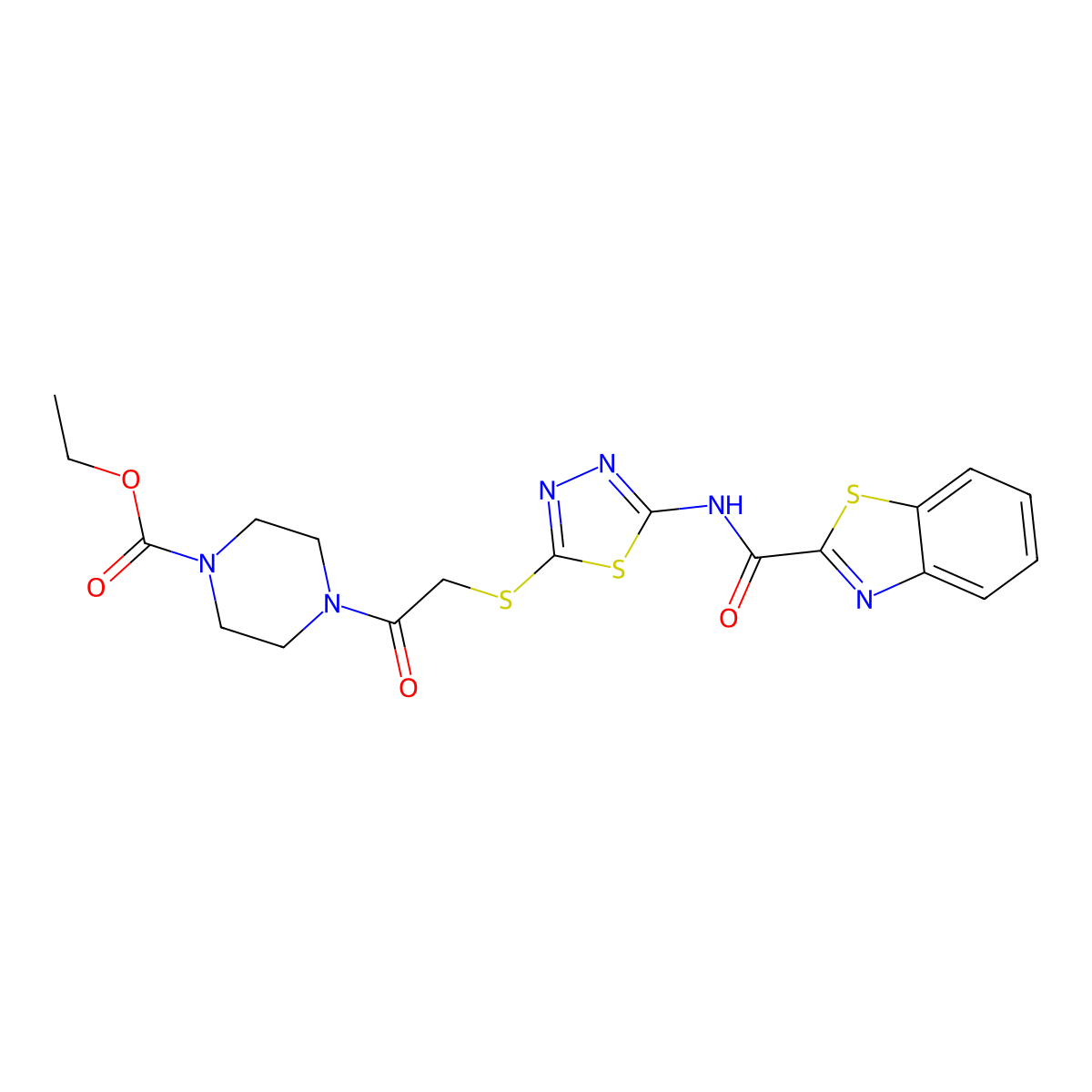 Ethyl 4-(2-((5-(benzo[d]thiazole-2-carboxamido)-1,3,4-thiadiazol-2-yl)thio)acetyl)piperazine-1-carboxylate molecular structure, CAS 1351661-34-1