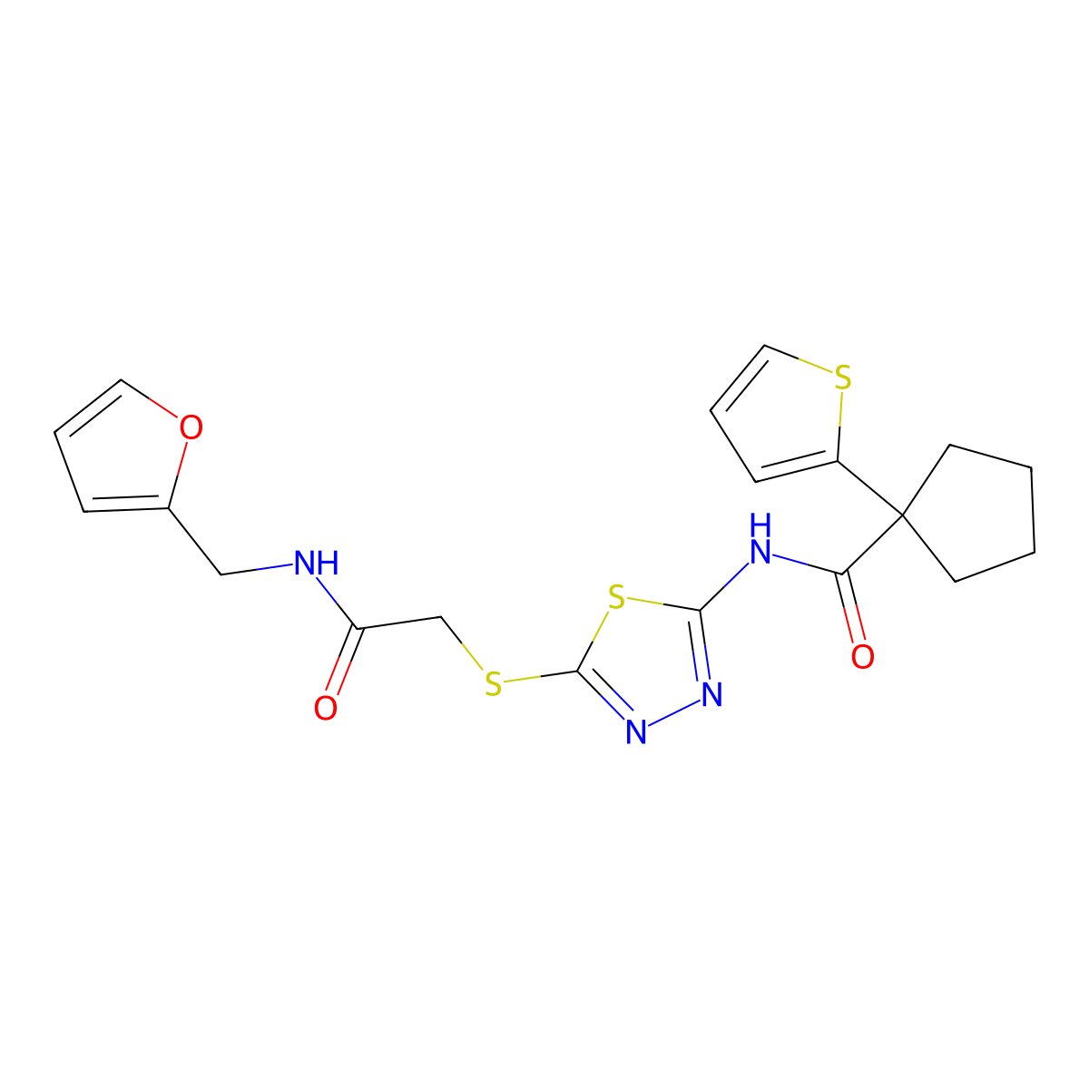 N-{5-[({[(furan-2-yl)methyl]carbamoyl}methyl)sulfanyl]-1,3,4-thiadiazol-2-yl}-1-(thiophen-2-yl)cyclopentane-1-carboxamide molecular structure, CAS 1351661-36-3