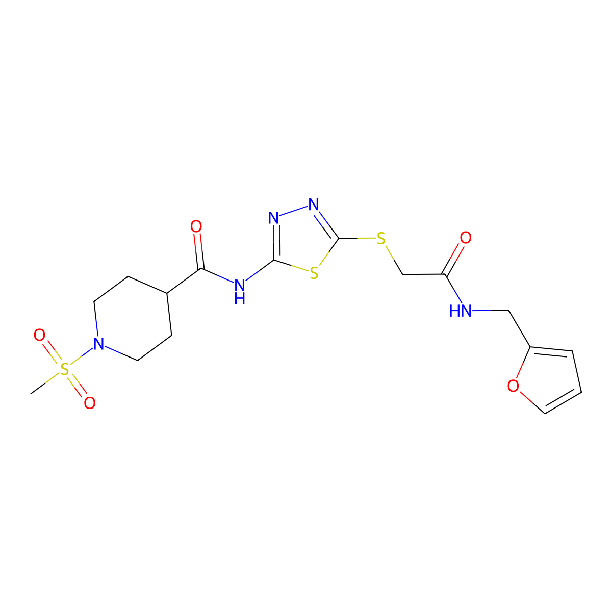 N-(5-((2-((furan-2-ylmethyl)amino)-2-oxoethyl)thio)-1,3,4-thiadiazol-2-yl)-1-(methylsulfonyl)piperidine-4-carboxamide molecular structure, CAS 1351661-46-5
