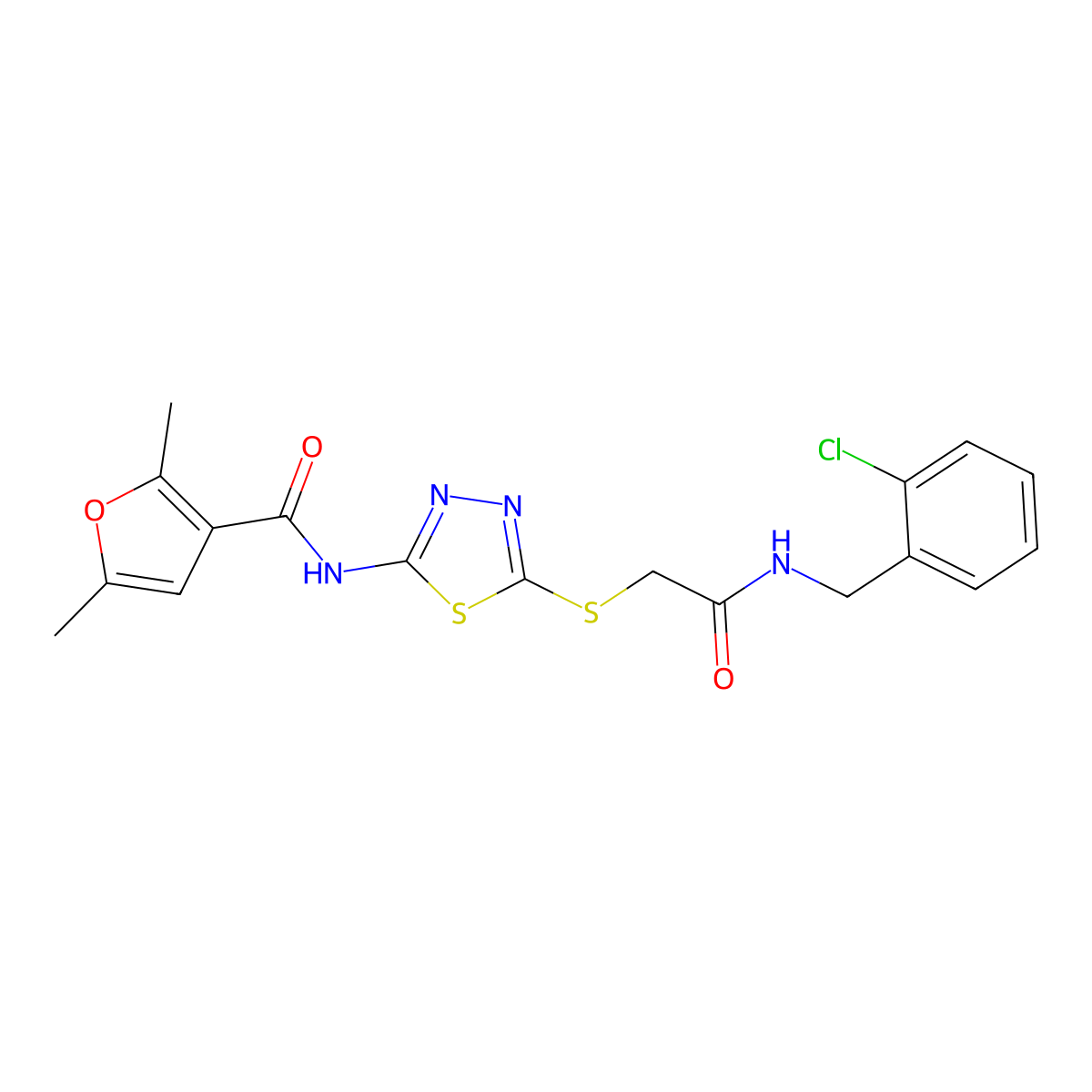 N-(5-((2-((2-chlorobenzyl)amino)-2-oxoethyl)thio)-1,3,4-thiadiazol-2-yl)-2,5-dimethylfuran-3-carboxamide molecular structure, CAS 1351661-55-6