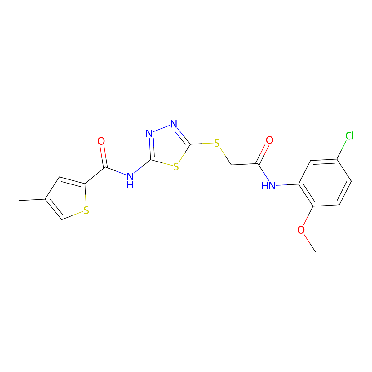 N-(5-((2-((5-chloro-2-methoxyphenyl)amino)-2-oxoethyl)thio)-1,3,4-thiadiazol-2-yl)-4-methylthiophene-2-carboxamide molecular structure, CAS 1351661-59-0
