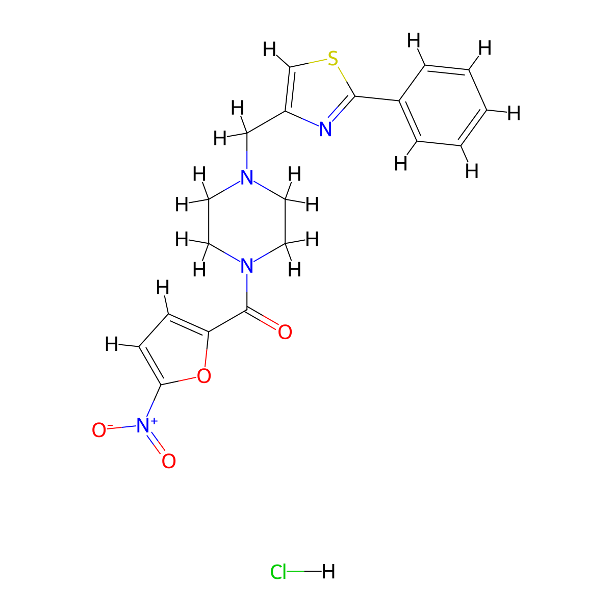 (5-Nitrofuran-2-yl)(4-((2-phenylthiazol-4-yl)methyl)piperazin-1-yl)methanone hydrochloride molecular structure, CAS 1351662-00-4