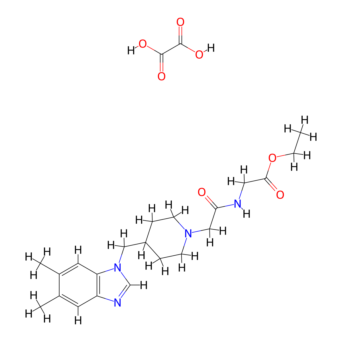 ethyl 2-(2-(4-((5,6-dimethyl-1H-benzo[d]imidazol-1-yl)methyl)piperidin-1-yl)acetamido)acetate oxalate molecular structure, CAS 1351662-10-6