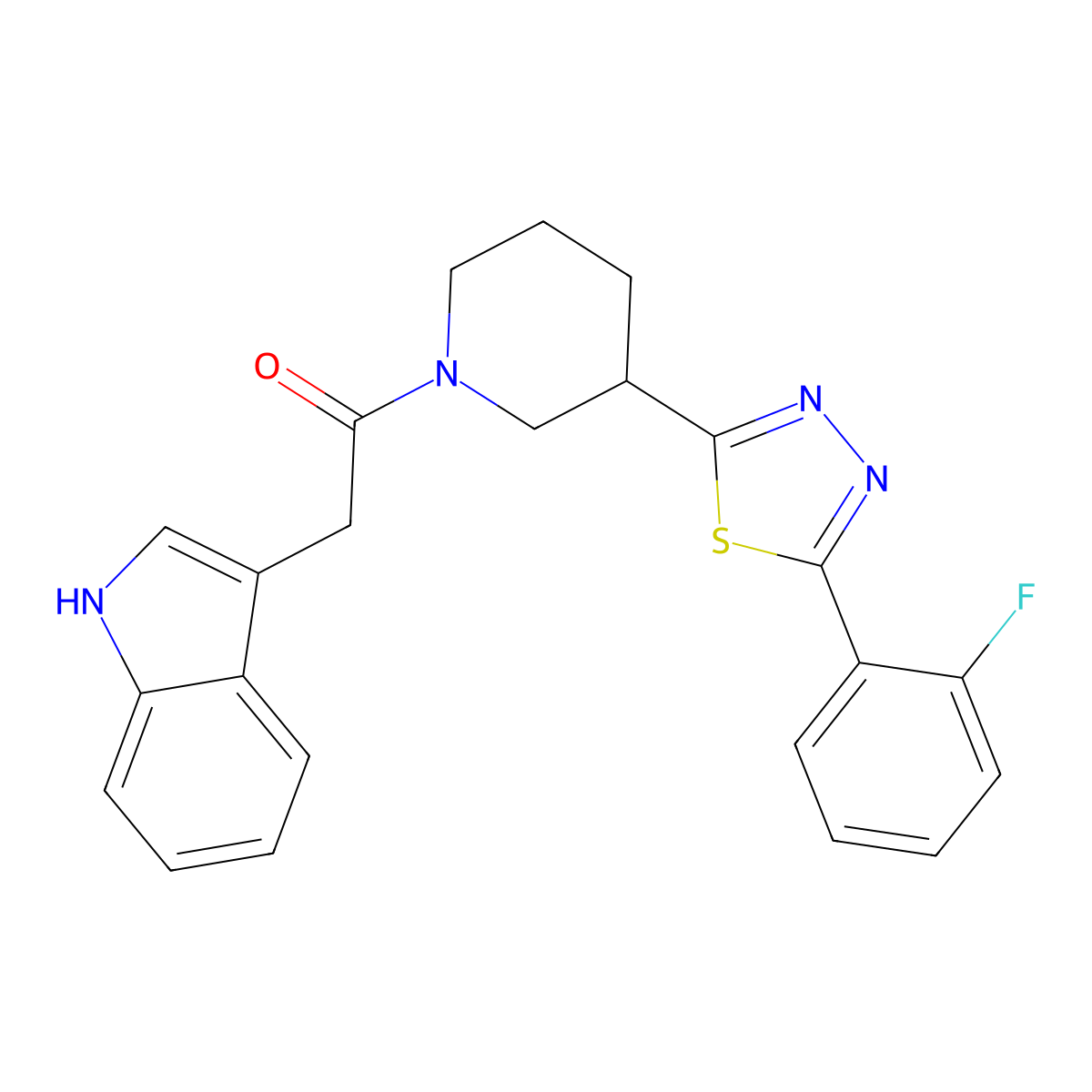 1-(3-(5-(2-fluorophenyl)-1,3,4-thiadiazol-2-yl)piperidin-1-yl)-2-(1H-indol-3-yl)ethanone molecular structure, CAS 1351662-14-0