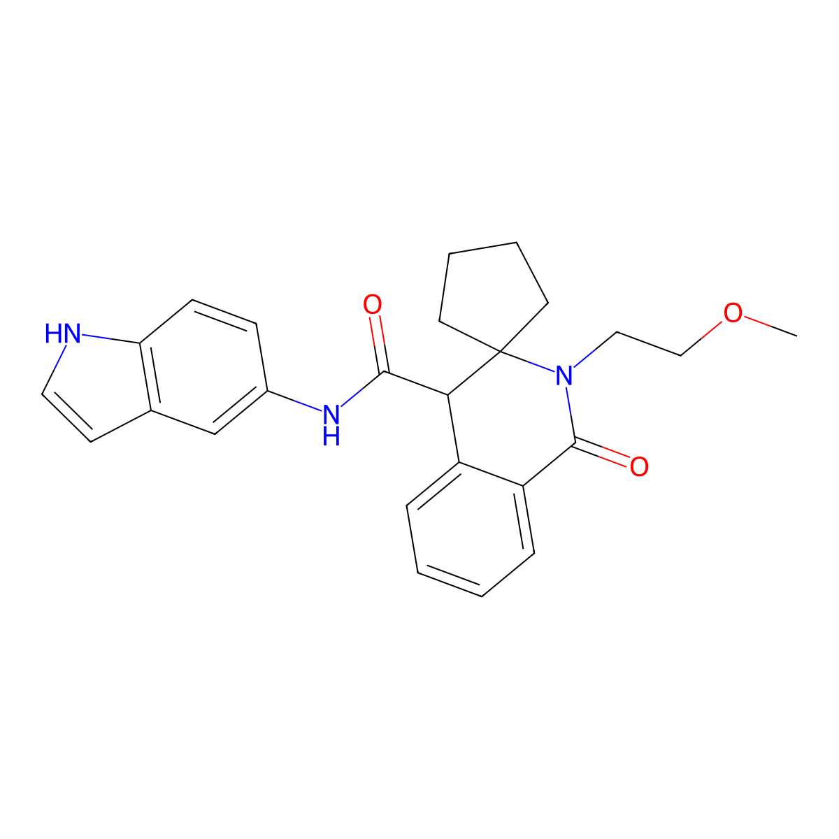 N-(1H-indol-5-yl)-2'-(2-methoxyethyl)-1'-oxo-1',4'-dihydro-2'H-spiro[cyclopentane-1,3'-isoquinoline]-4'-carboxamide molecular structure, CAS 1351670-99-9