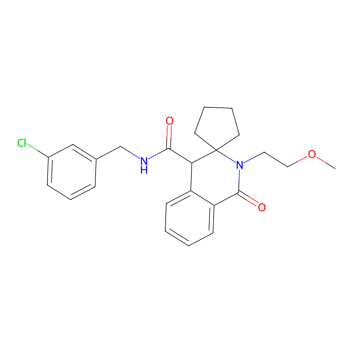 N-(3-chlorobenzyl)-2'-(2-methoxyethyl)-1'-oxo-1',4'-dihydro-2'H-spiro[cyclopentane-1,3'-isoquinoline]-4'-carboxamide molecular structure, CAS 1351671-17-4