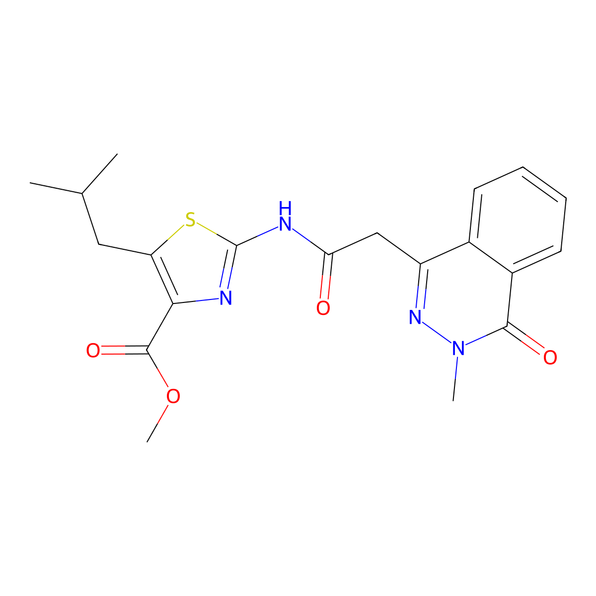 Methyl 2-{[(3-methyl-4-oxo-3,4-dihydrophthalazin-1-yl)acetyl]amino}-5-(2-methylpropyl)-1,3-thiazole-4-carboxylate molecular structure, CAS 1351679-36-1