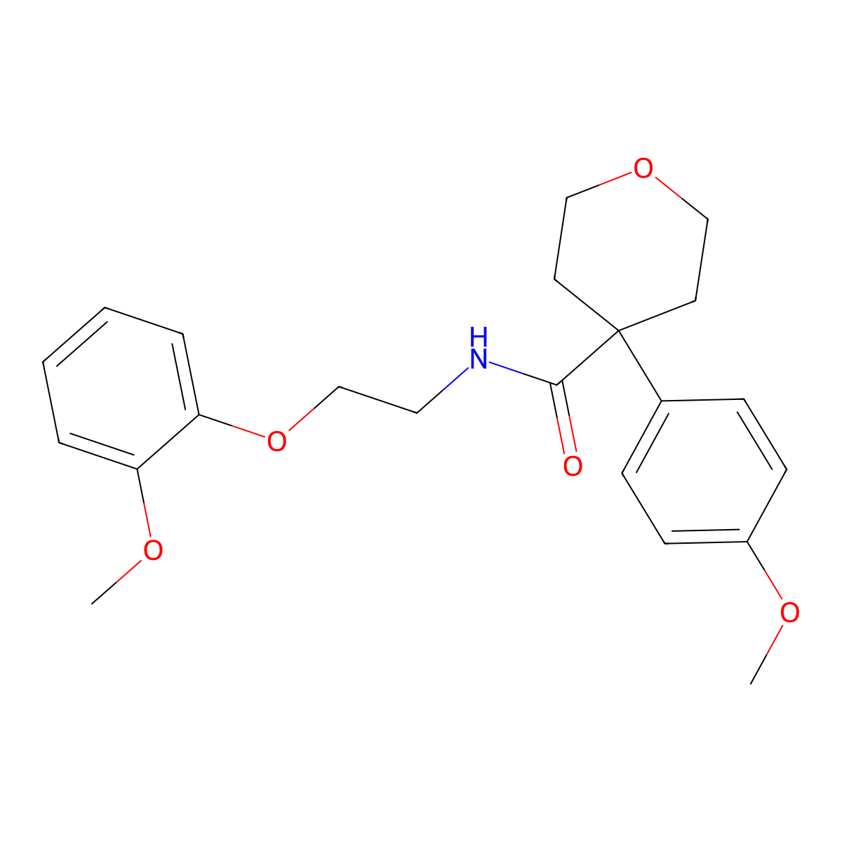 N-[2-(2-methoxyphenoxy)ethyl]-4-(4-methoxyphenyl)tetrahydro-2H-pyran-4-carboxamide molecular structure, CAS 1351679-60-1