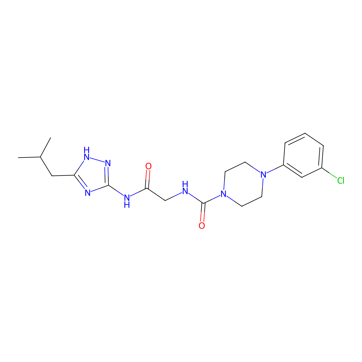 4-(3-chlorophenyl)-N-(2-{[3-(2-methylpropyl)-1H-1,2,4-triazol-5-yl]amino}-2-oxoethyl)piperazine-1-carboxamide molecular structure, CAS 1351679-72-5