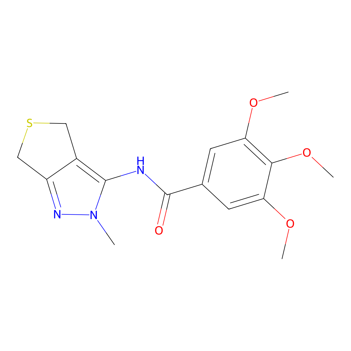 3,4,5-trimethoxy-N-(2-methyl-2,6-dihydro-4H-thieno[3,4-c]pyrazol-3-yl)benzamide molecular structure, CAS 1351680-43-7