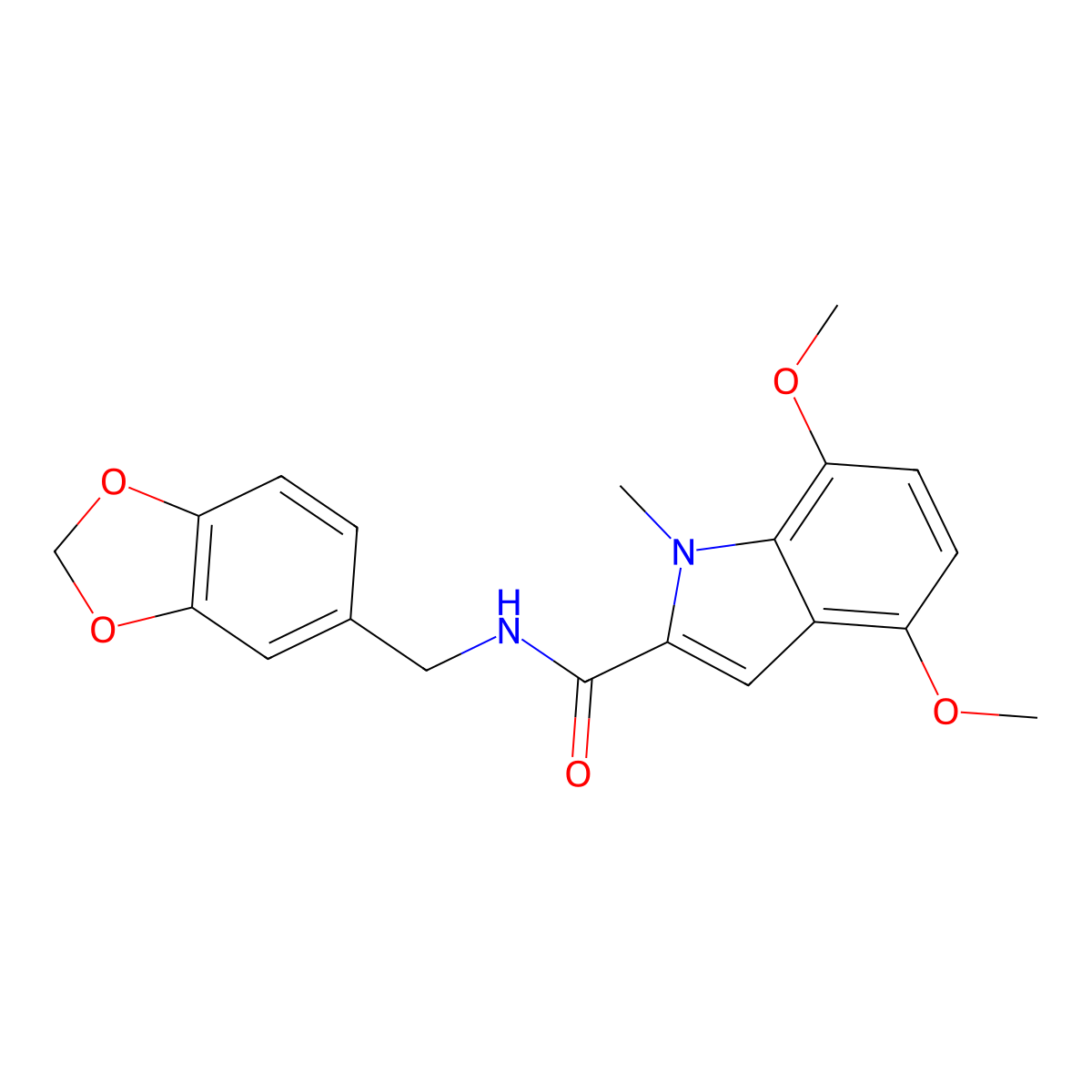 N-(1,3-benzodioxol-5-ylmethyl)-4,7-dimethoxy-1-methyl-1H-indole-2-carboxamide molecular structure, CAS 1351680-76-6