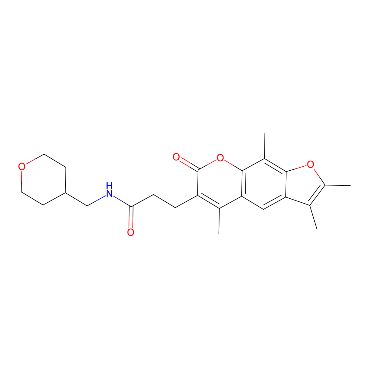 N-(tetrahydro-2H-pyran-4-ylmethyl)-3-(2,3,5,9-tetramethyl-7-oxo-7H-furo[3,2-g]chromen-6-yl)propanamide molecular structure, CAS 1351681-24-7