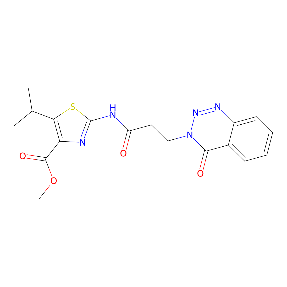 methyl 2-{[3-(4-oxo-1,2,3-benzotriazin-3(4H)-yl)propanoyl]amino}-5-(propan-2-yl)-1,3-thiazole-4-carboxylate molecular structure, CAS 1351682-25-1