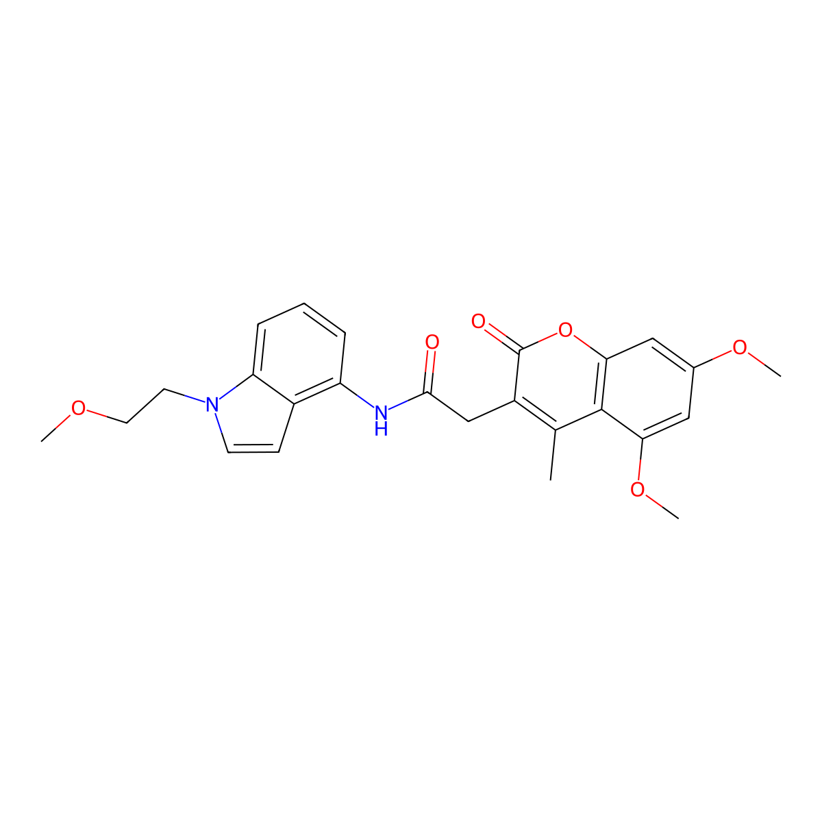 2-(5,7-dimethoxy-4-methyl-2-oxo-2H-chromen-3-yl)-N-[1-(2-methoxyethyl)-1H-indol-4-yl]acetamide molecular structure, CAS 1351682-76-2