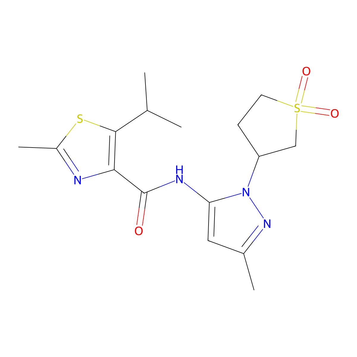N-[1-(1,1-dioxidotetrahydrothiophen-3-yl)-3-methyl-1H-pyrazol-5-yl]-2-methyl-5-(propan-2-yl)-1,3-thiazole-4-carboxamide molecular structure, CAS 1351686-70-8
