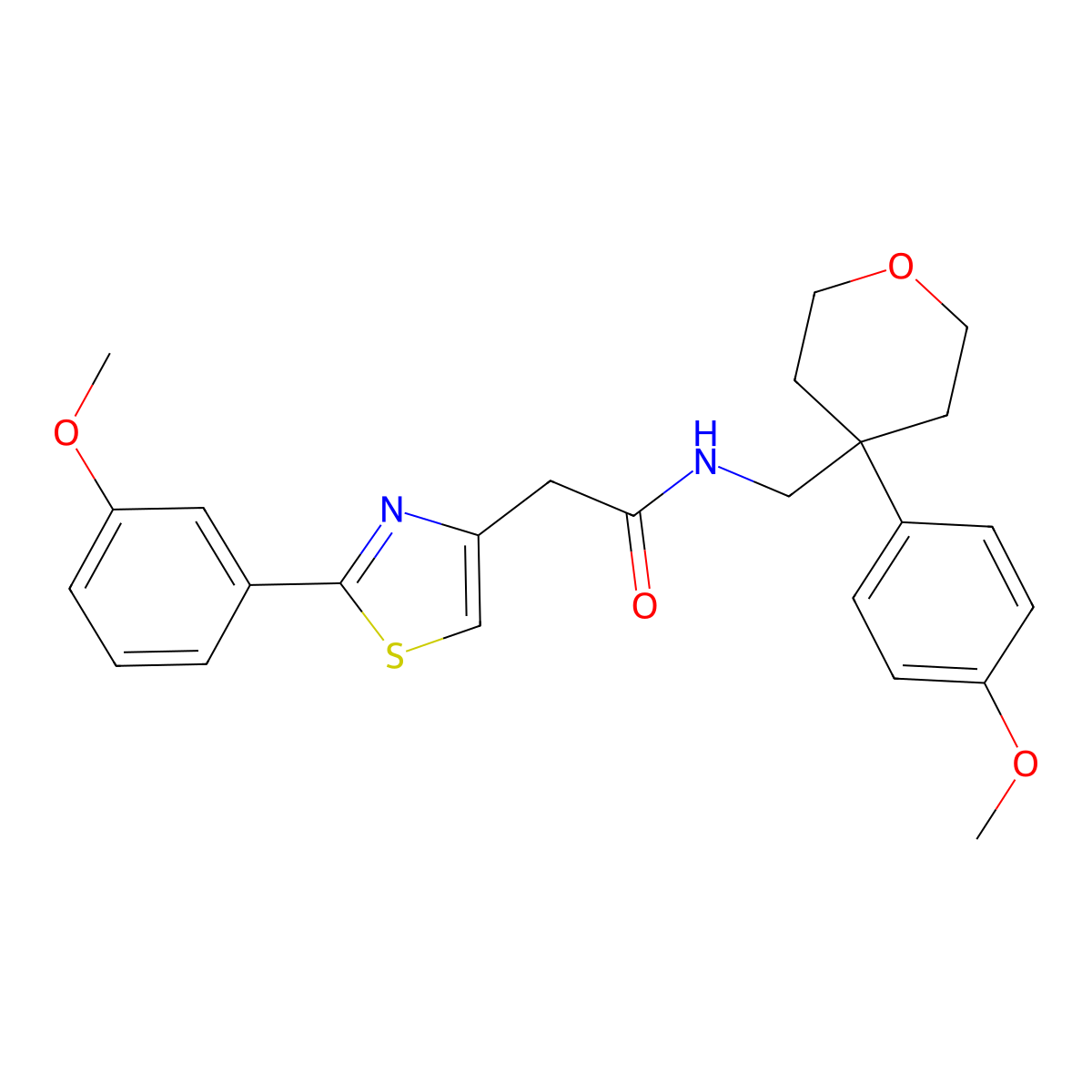 N-{[4-(4-methoxyphenyl)tetrahydro-2H-pyran-4-yl]methyl}-2-[2-(3-methoxyphenyl)-1,3-thiazol-4-yl]acetamide molecular structure, CAS 1351688-26-0