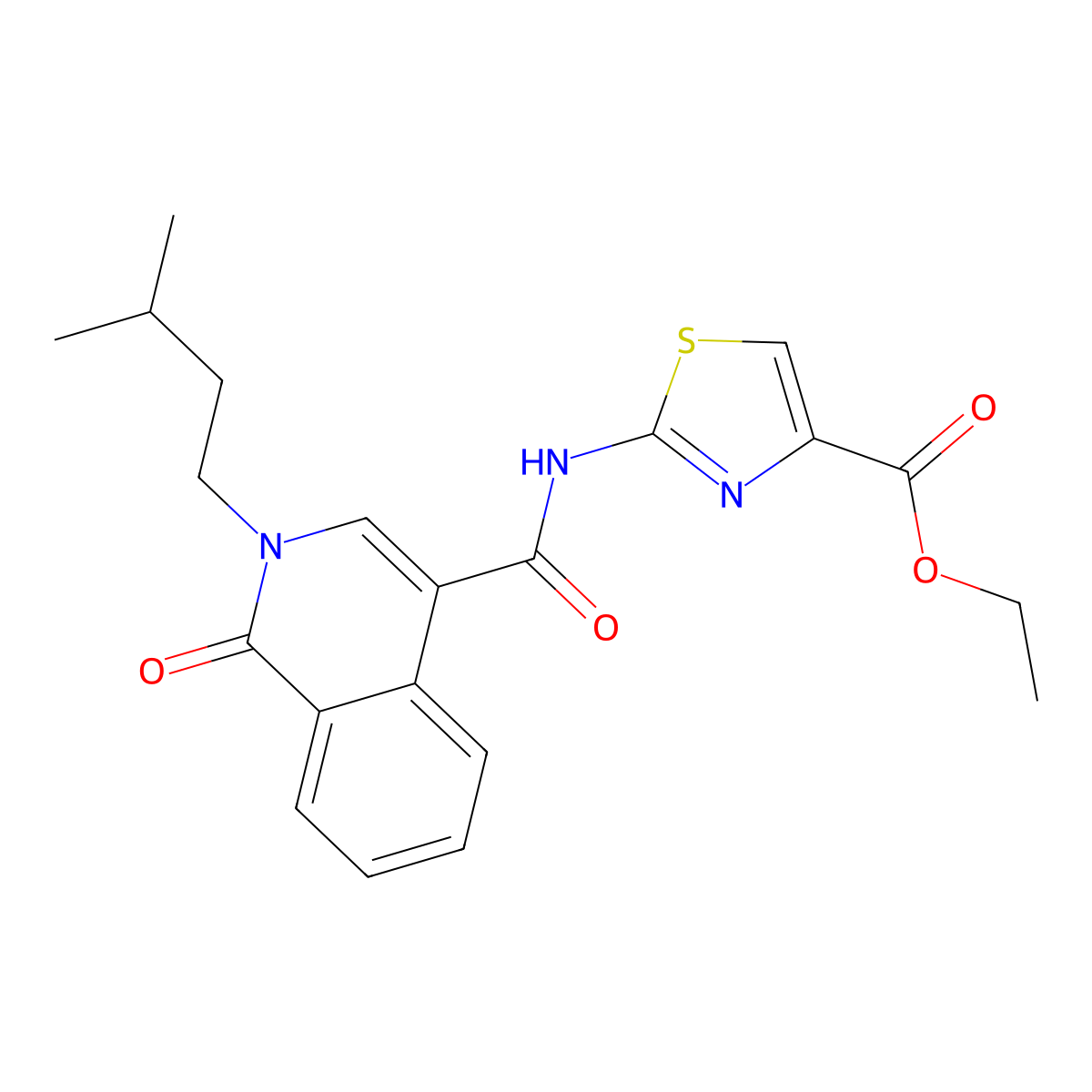 Ethyl 2-({[2-(3-methylbutyl)-1-oxo-1,2-dihydroisoquinolin-4-yl]carbonyl}amino)-1,3-thiazole-4-carboxylate molecular structure, CAS 1351688-29-3