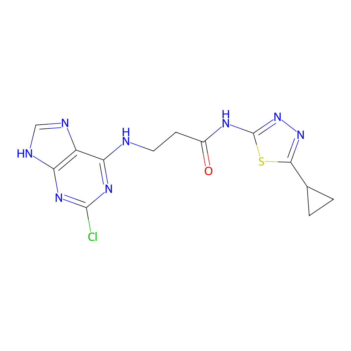 N~3~-(2-chloro-7H-purin-6-yl)-N-(5-cyclopropyl-1,3,4-thiadiazol-2-yl)-beta-alaninamide molecular structure, CAS 1351688-52-2